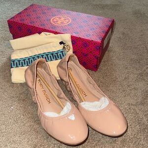 Tory Burch Tan Patent Leather Eddie Ballet Flats